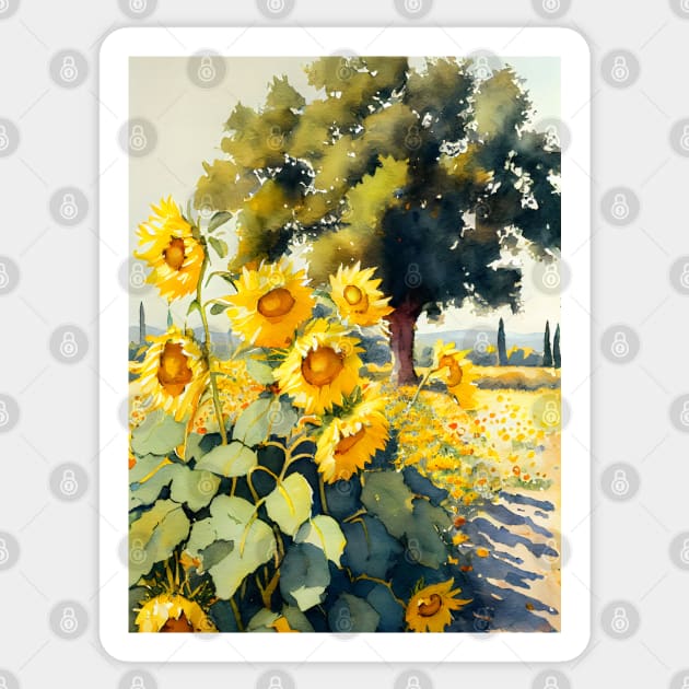 Watercolor Field of Sunflowers on a Sunny Day Sticker by designs4days